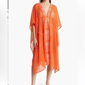 Vince Camuto Embroidered Duster Orange Coral Sheer Swim Cover-Up